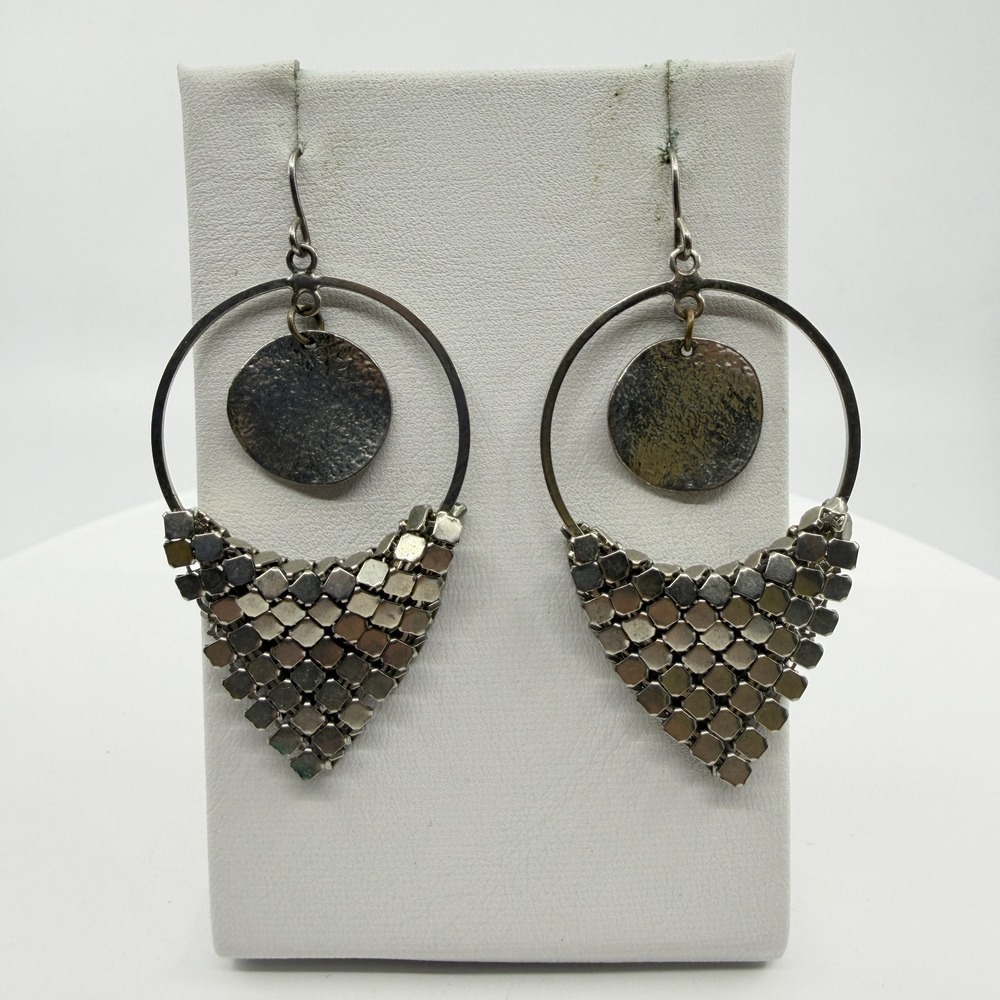 Statement Silver Tone Mesh Hoop Earrings Industrial Gothic Boho Festival Jewelry